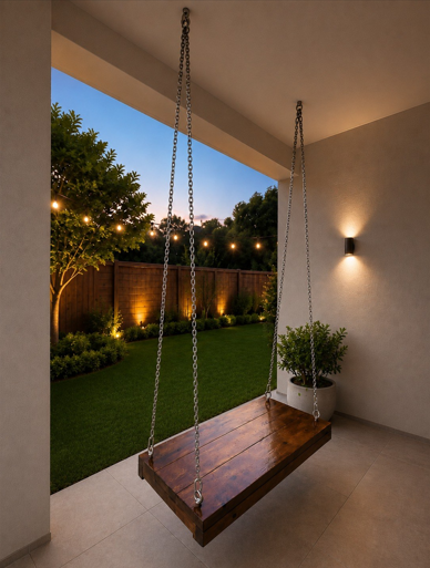 Swingstra timber swing suspended by stainless-steel chains in an alfresco setting
