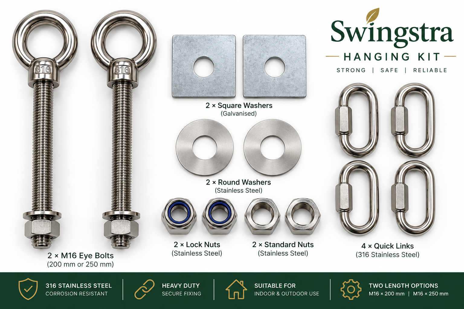 Swingstra Hanging Kit with M16 eye bolts, nuts, washers and quick links
